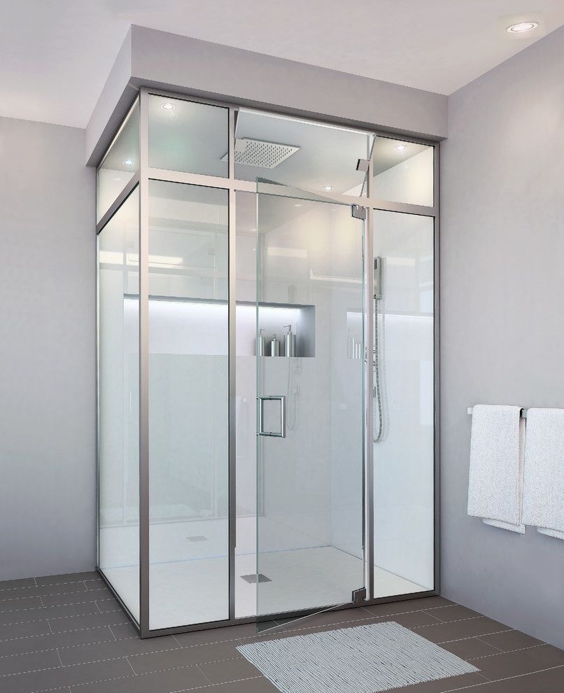 Glasscraft for a Contemporary Bathroom with a Shower Door Parts and Glasscrafters' Regal Hybrid Series   Frameless Shower Door by Glasscrafters Inc