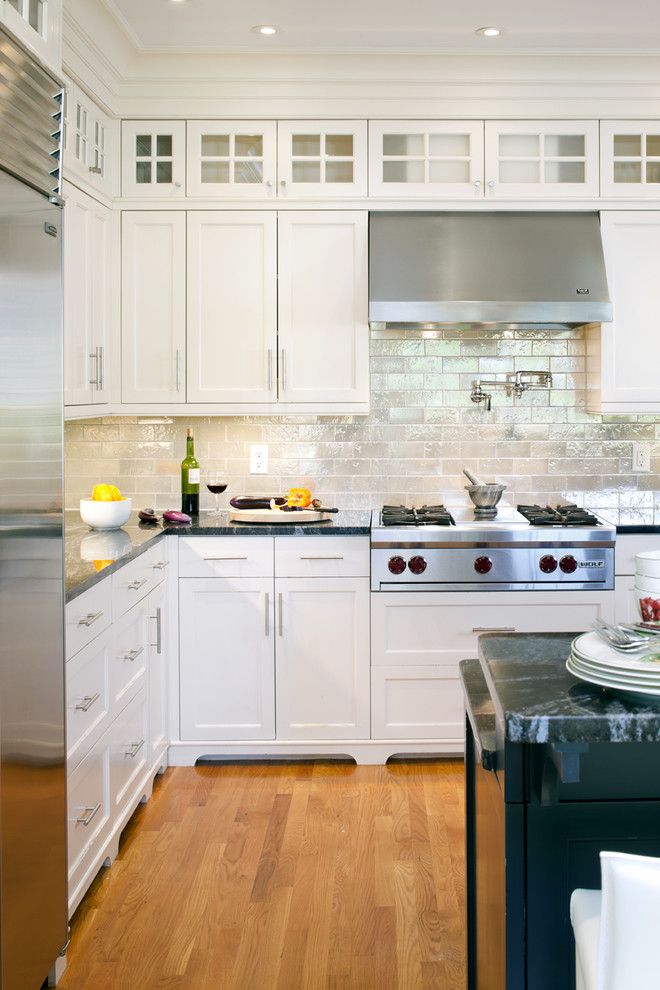 Glazing Kitchen Cabinets for a Victorian Kitchen with a White Wood and Shingle Style Kitchen Detail by Lda Architecture & Interiors