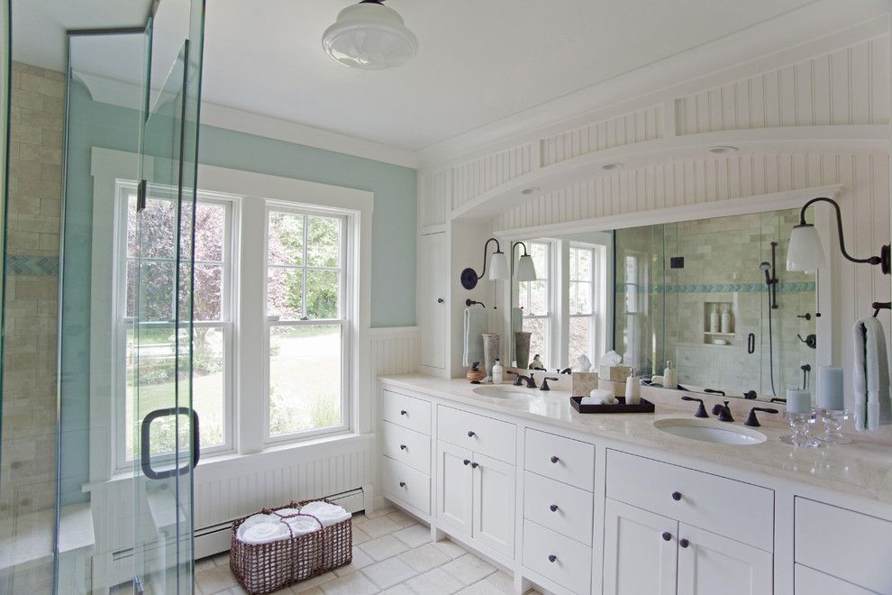 Gossamer Blue for a Beach Style Bathroom with a White Molding and Fair Winds by Taste Design Inc