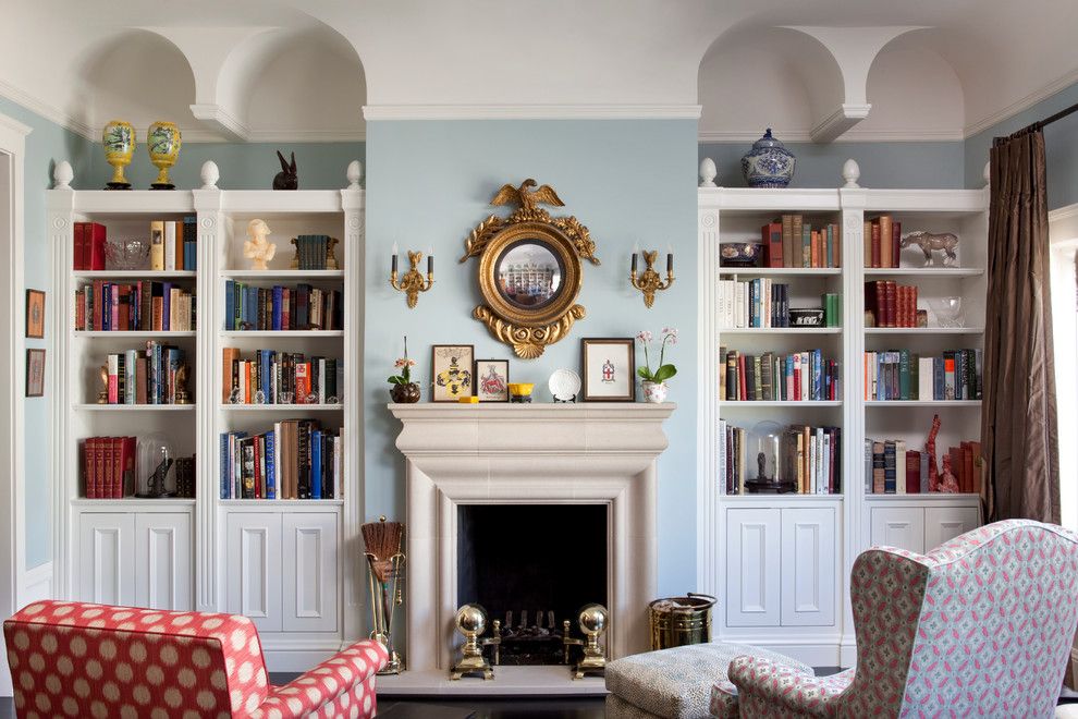Gossamer Blue for a Eclectic Living Room with a Polka Dot and White Custom Bookcases by Keith Bruns Woodworking
