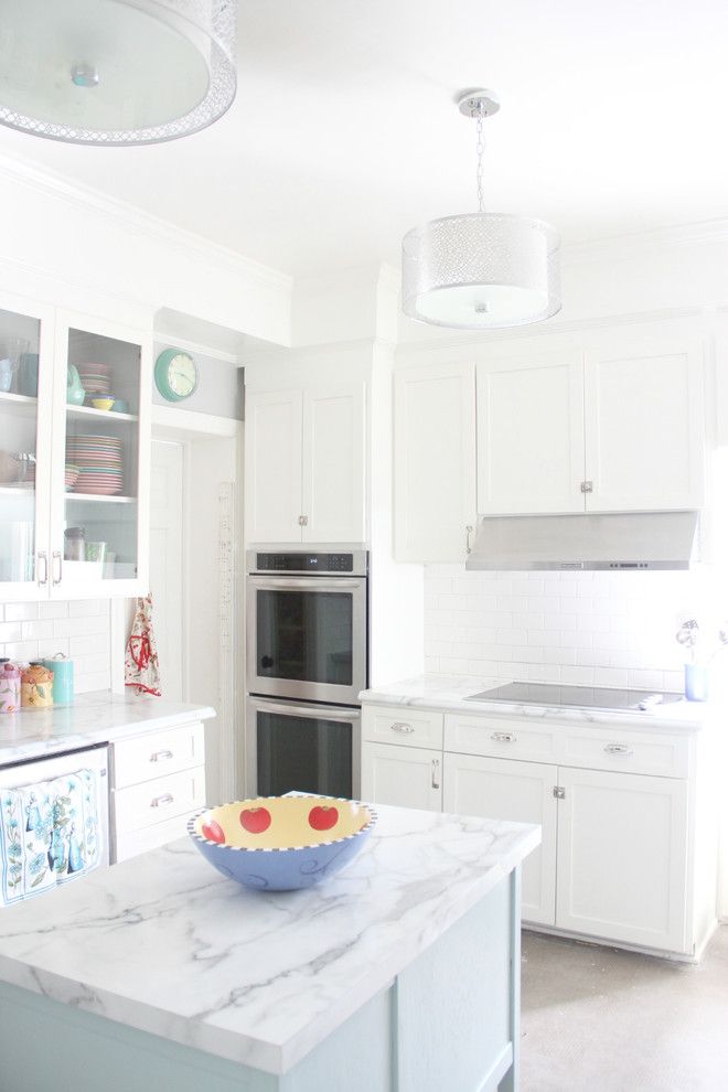 Gossamer Blue for a Traditional Kitchen with a Formica 180x Calacatta Marble Countertop and Kitchen Makeover by Lesli Devito and My Old Country House