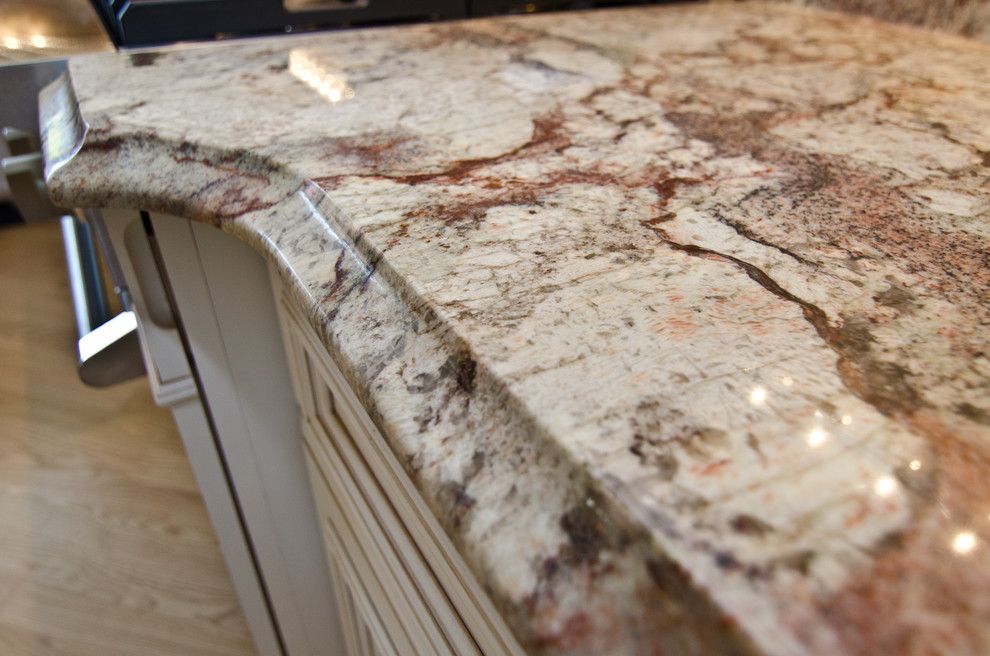 Granite Edges for a Traditional Kitchen with a Red Granite and Typhoon Bordeaux Granite with Full Backsplash by Granite Grannies