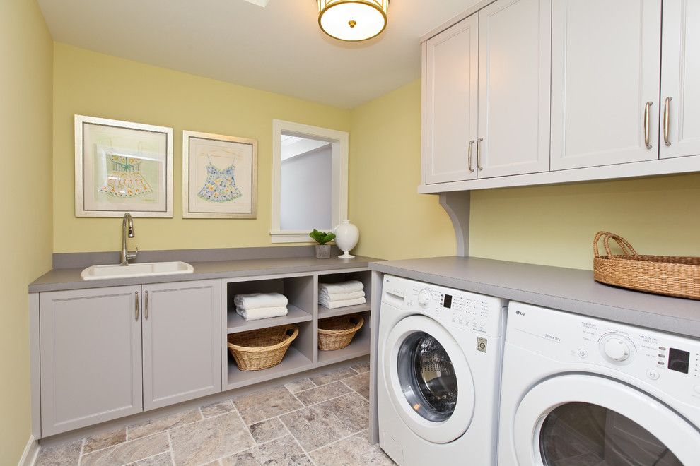 Greige Color for a Modern Laundry Room with a Storage Baskets and Modern Cottage Dream Home in Edina by Refined Llc