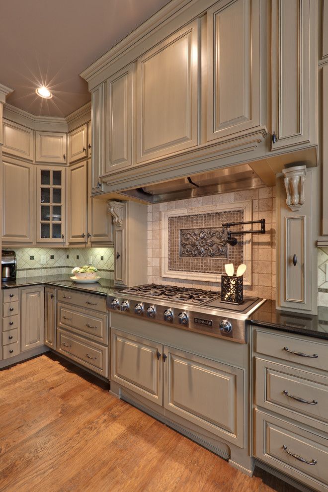 Greige Color for a Traditional Kitchen with a Wood Flooring and Teri Turan by Turan Designs, Inc.