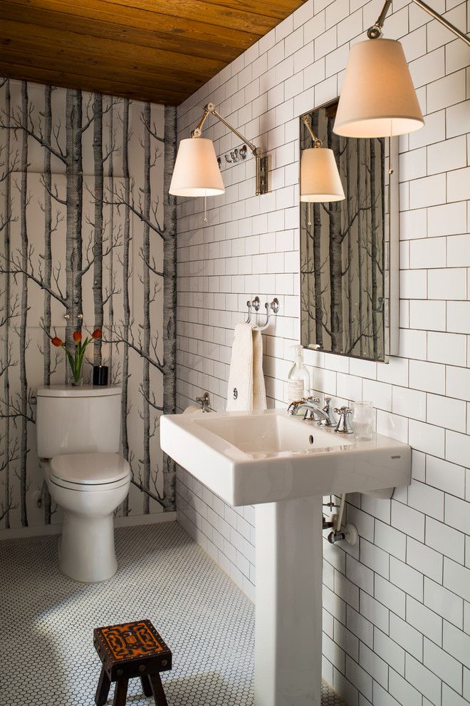 Grouting Tile for a Contemporary Powder Room with a Wall Mounted Towel Holder and in the Bath by Heather Garrett Design