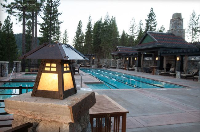 Hammerton Lighting for a Rustic Pool with a Rustic Mountain and Martis Camp Resort by Hammerton Lighting