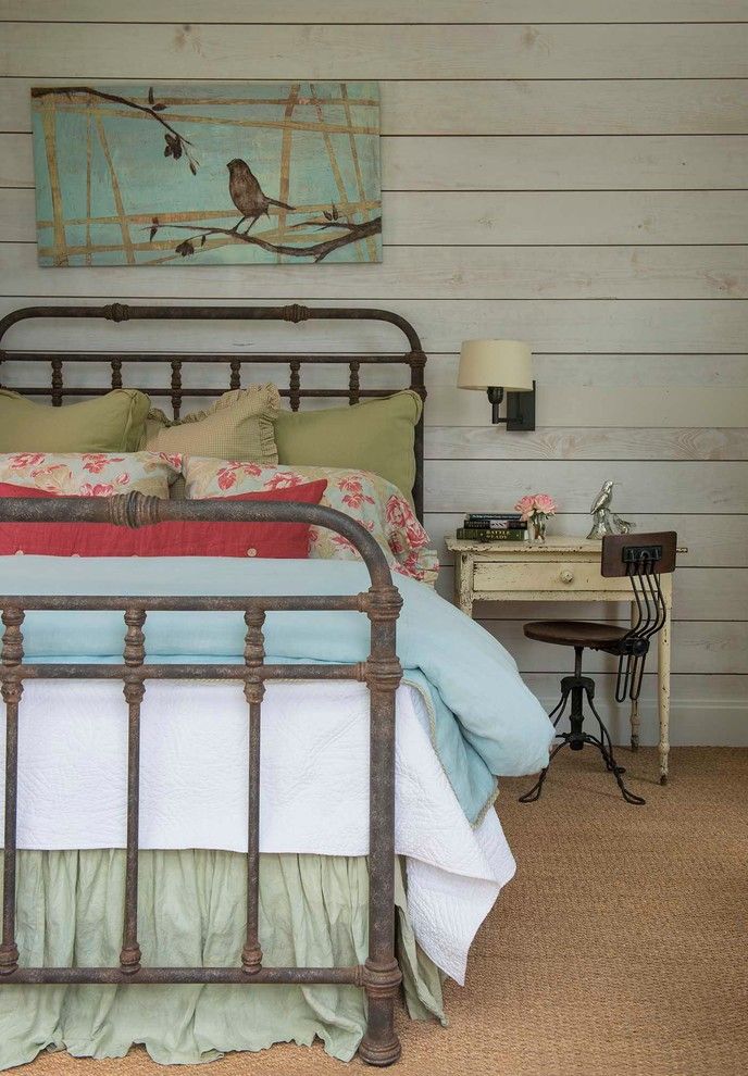 Hemnes Bed Frame for a Farmhouse Bedroom with a Green Bed Skirt and Athens Farmhouse by M. Barnes & Co