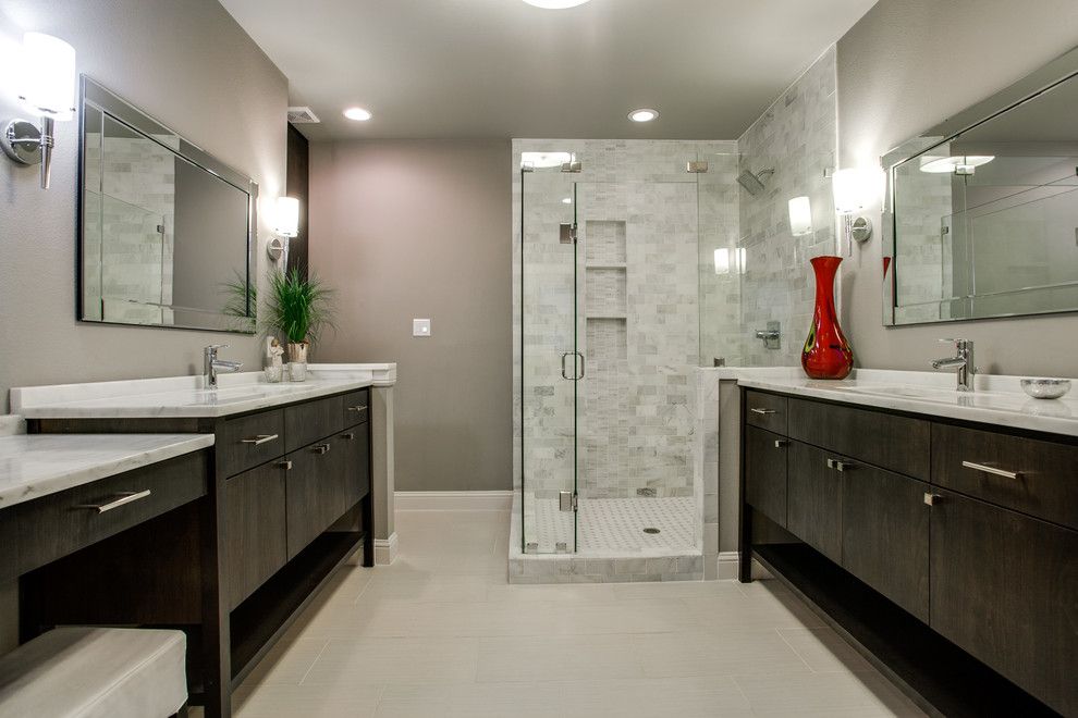 Hobby Lobby Mirrors for a Contemporary Bathroom with a Two Vanities and White Rock Lake View by New Leaf Construction