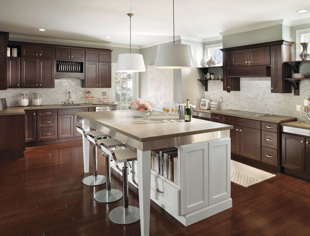 Homecrest Cabinets for a Modern Kitchen with a Modern and Modern Dark Wood Kitchen Cabinets with Contrasting White Island by Masterbrand Cabinets, Inc.