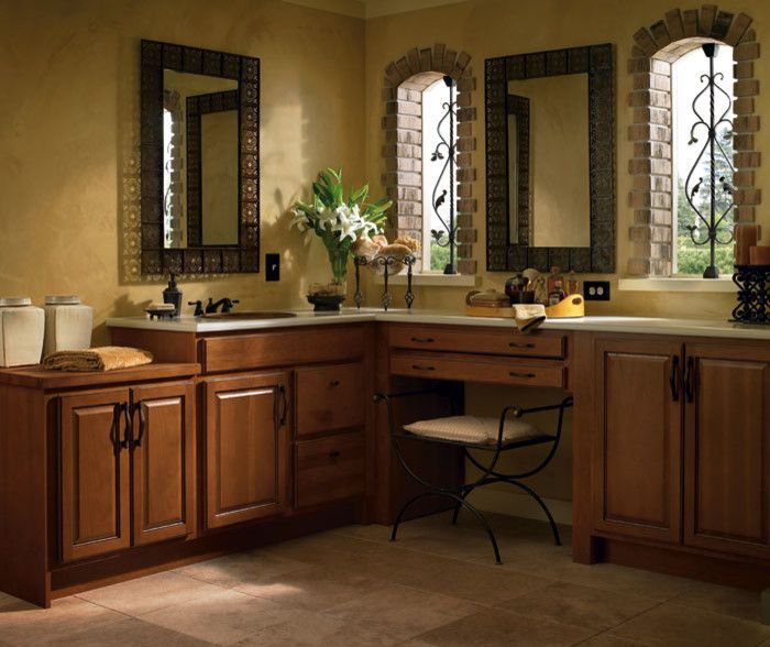 Homecrest Cabinets for a Traditional Bathroom with a Heartland Hickory Ebony Glaze and Homecrest Cabinets by the Floor Source & More