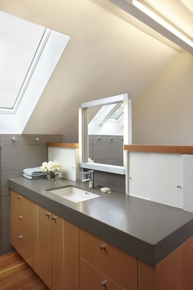 Honed Granite for a Contemporary Bathroom with a Bathroom Hardware and Bathroom with Skylight by Mn Builders