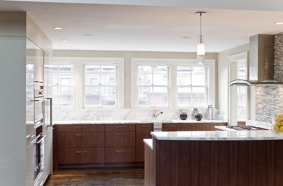 Honed Marble for a Contemporary Kitchen with a Pendant Light and Union Park Penthouse Kitchen by Venegas and Company