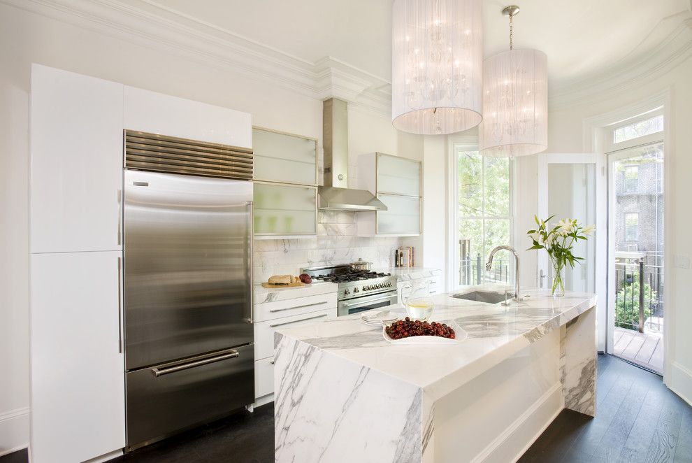 Honed Marble for a Transitional Kitchen with a White Cabinets and Claremont Park by Melissa Miranda Interior Design