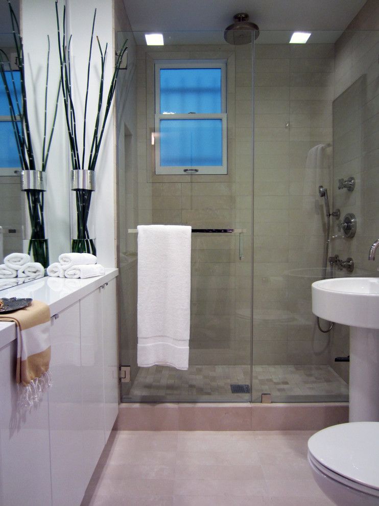 How to Clean Glass Shower Doors for a Contemporary Bathroom with a Tile Flooring and Bathroom by Michael Goodsmith Design