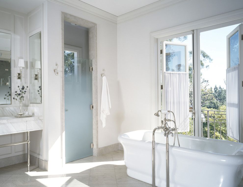 How to Clean Glass Shower Doors for a Transitional Bathroom with a Balcony and William Hefner Architecture Interiors & Landscape by Studio William Hefner