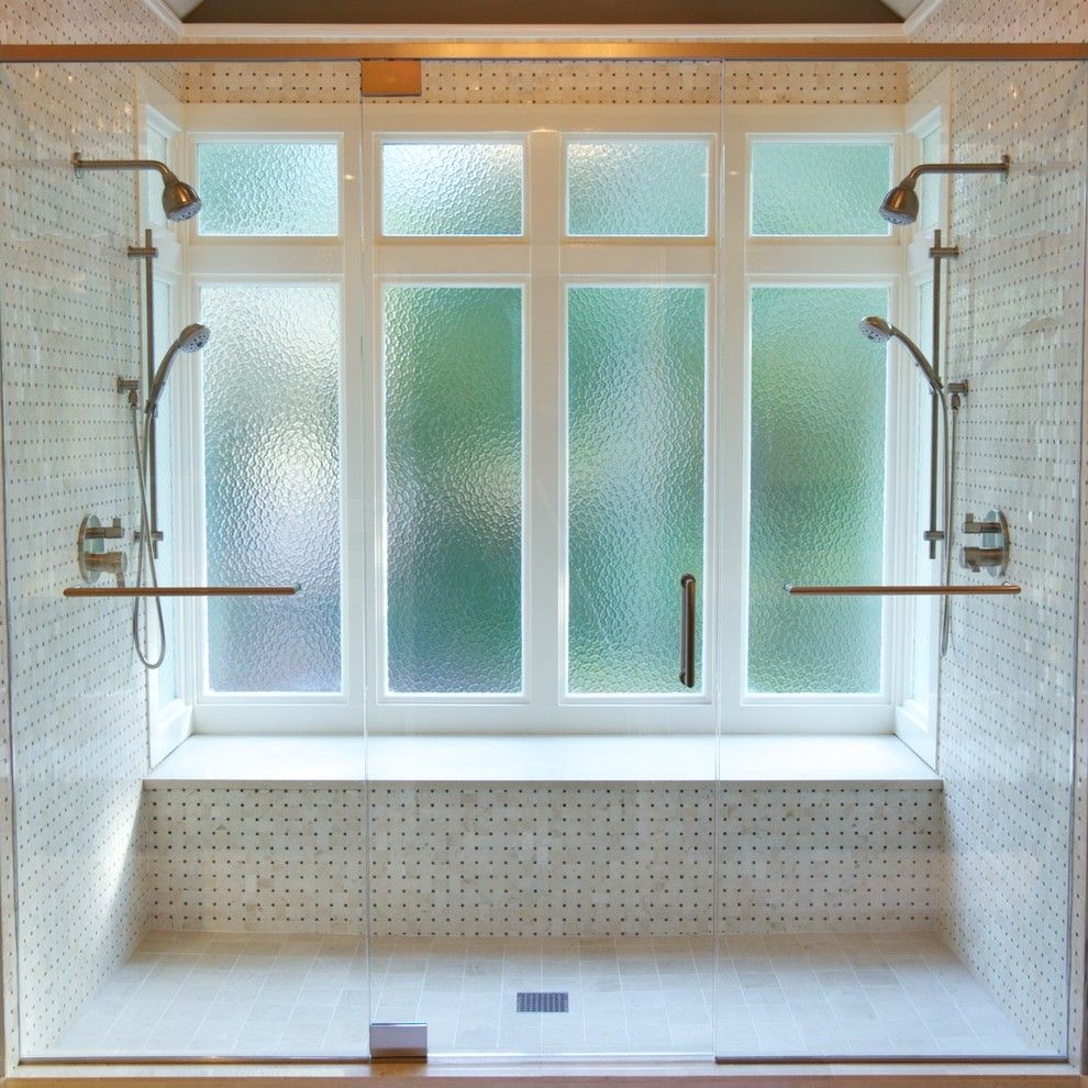 How to Clean Glass Shower Doors for a Transitional Bathroom with a Two Shower Heads and Powder Springs Master Bath by Addhouse