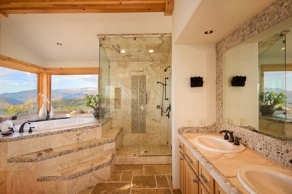 How to Clean Grout Lines for a Traditional Bathroom with a Stone Backsplash and Bathrooms by Tahoe Real Estate Photography