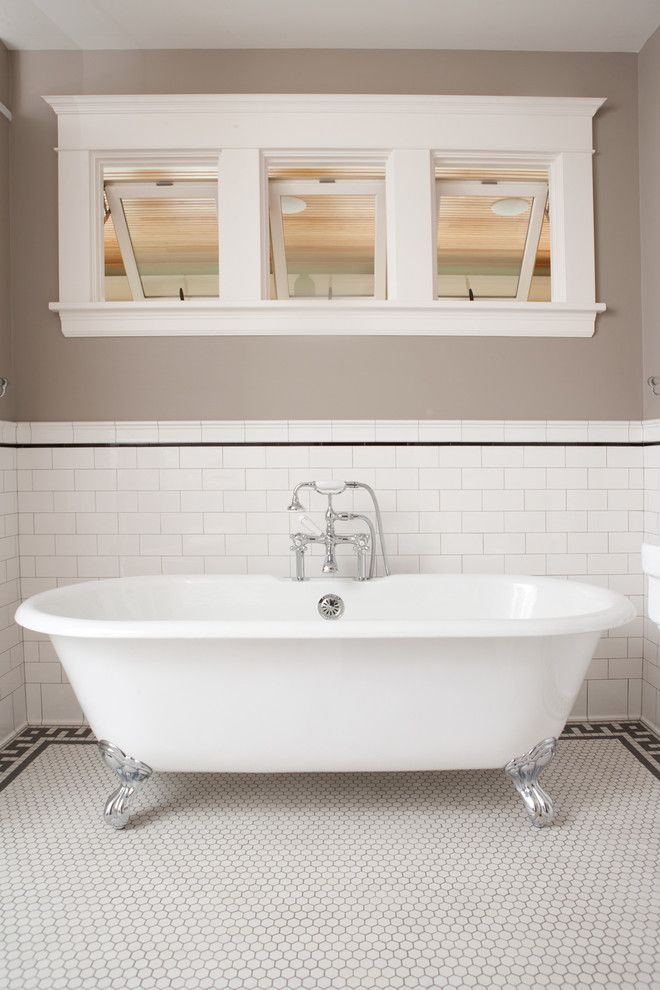 How to Clean Grout Lines for a Traditional Bathroom with a Tile Stripe and Classic Subway Tile Bathtub Surround by Clay Squared to Infinity