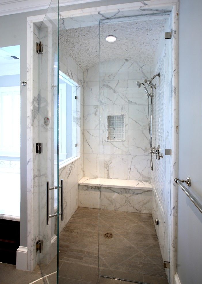 How to Clean Shower Grout for a Traditional Bathroom with a Drain and Atherton, California Luxury Home by Markay Johnson Construction by Markay Johnson Construction