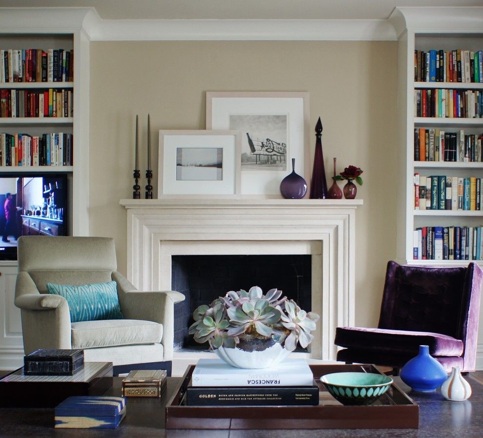 How to Decorate a Fireplace Mantel for a Traditional Living Room with a Purple Velvet Chair and a Modern Gem by Christopher Burns Interiors