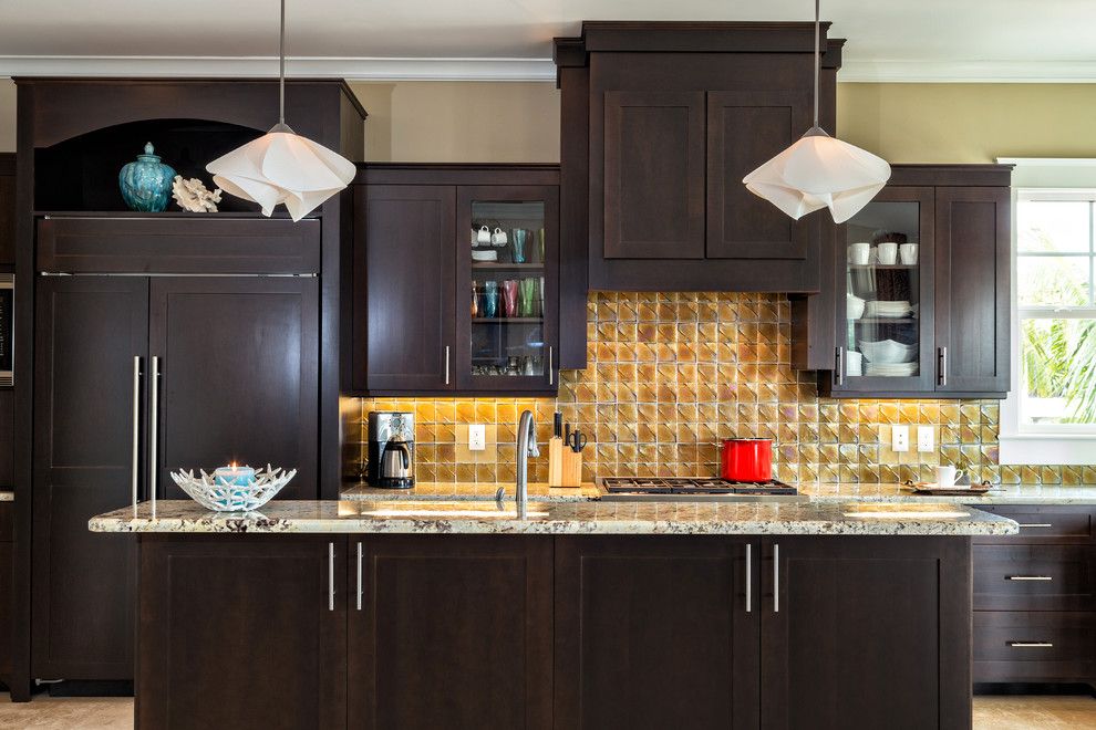 How to Dispose of Light Bulbs for a Transitional Kitchen with a Island Lighting and Kitchen Design by Caron Kelly Interiors