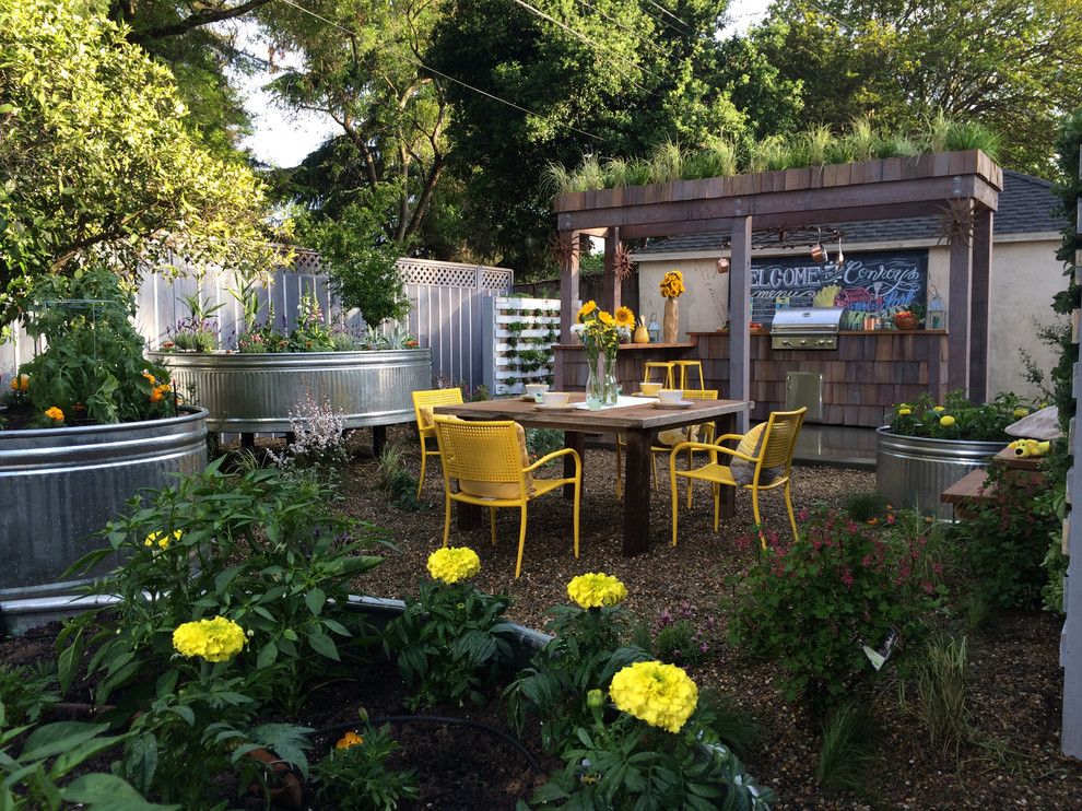 How to Grow Sunflowers for a Shabby Chic Style Patio with a Wood Shingles and Urban Farm Backyard by Jake Moss Designs