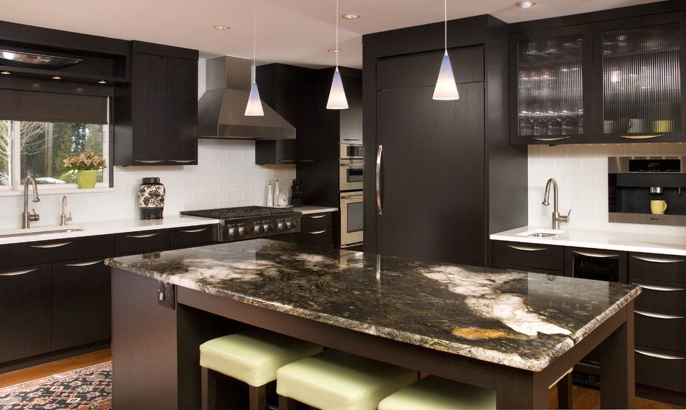 How to Install Granite Countertops for a Contemporary Kitchen with a Panel Refrigerator and Bellevue Contemporary Kitchen by Nw Home Designers