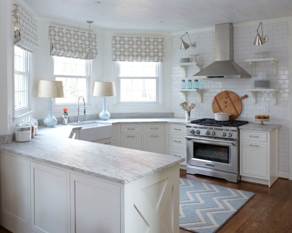 How to Install Granite Countertops for a Transitional Kitchen with a Blue Chevron Rug and Urban Farmhouse Kitchen by Lisa Gabrielson Design