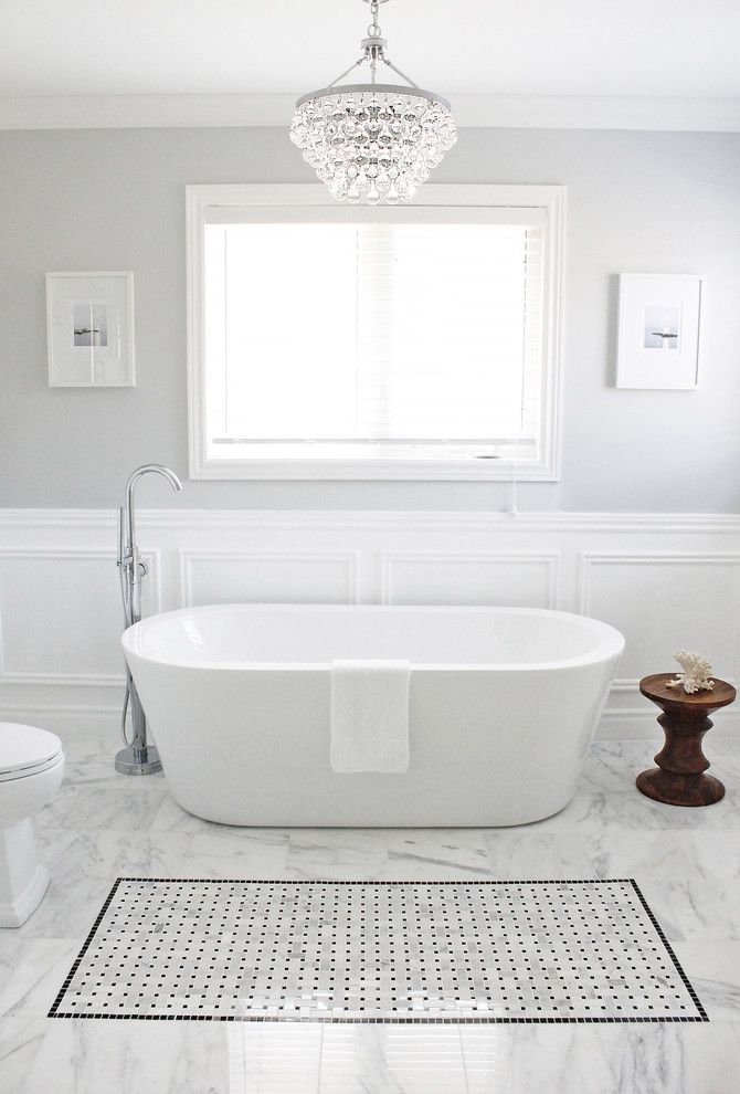 How to Install Wainscoting for a Contemporary Bathroom with a Bathroom Chandelier and Master Bathroom by Am Dolce Vita