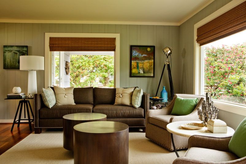 How to Paint Wood Paneling for a Beach Style Living Room with a Bamboo Floors and Casual Luxe Beach House by Garrison Hullinger Interior Design Inc.