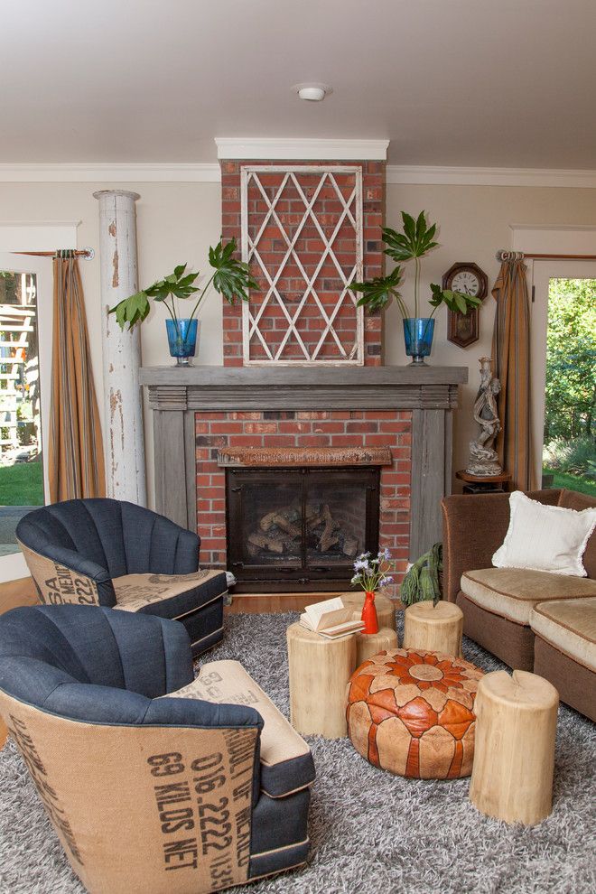 How to Reupholster a Chair Seat for a Eclectic Living Room with a Red Brick Fireplace and Rex by Whitney Lyons