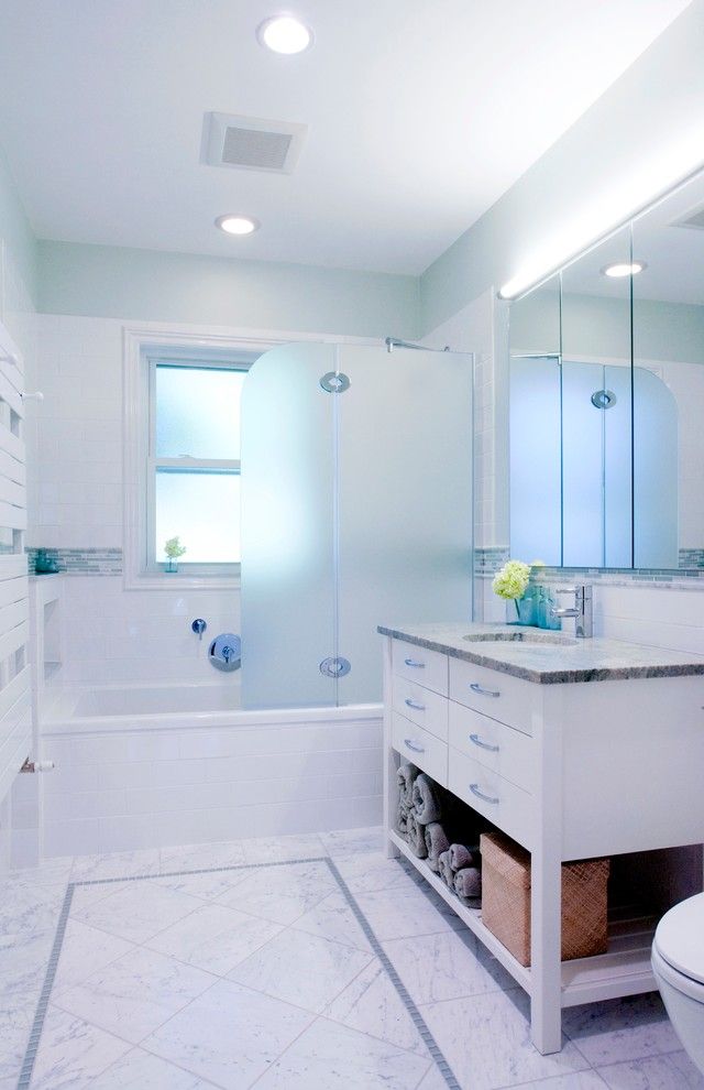 Hydrosystems for a Contemporary Bathroom with a White Vanity and Green Glass by Cw Design, Llc