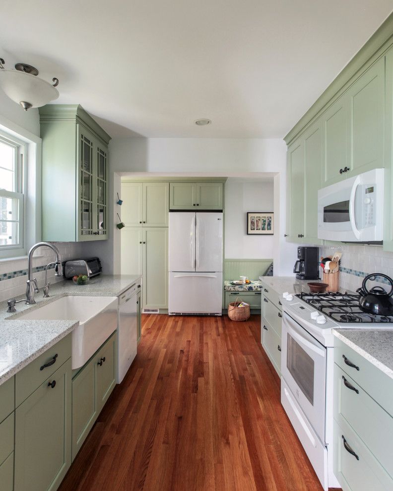 Icestone for a Traditional Kitchen with a Light Green Cabinets and Washington D.c.   Green Transitional Kitchen by Envirohomedesign Llc