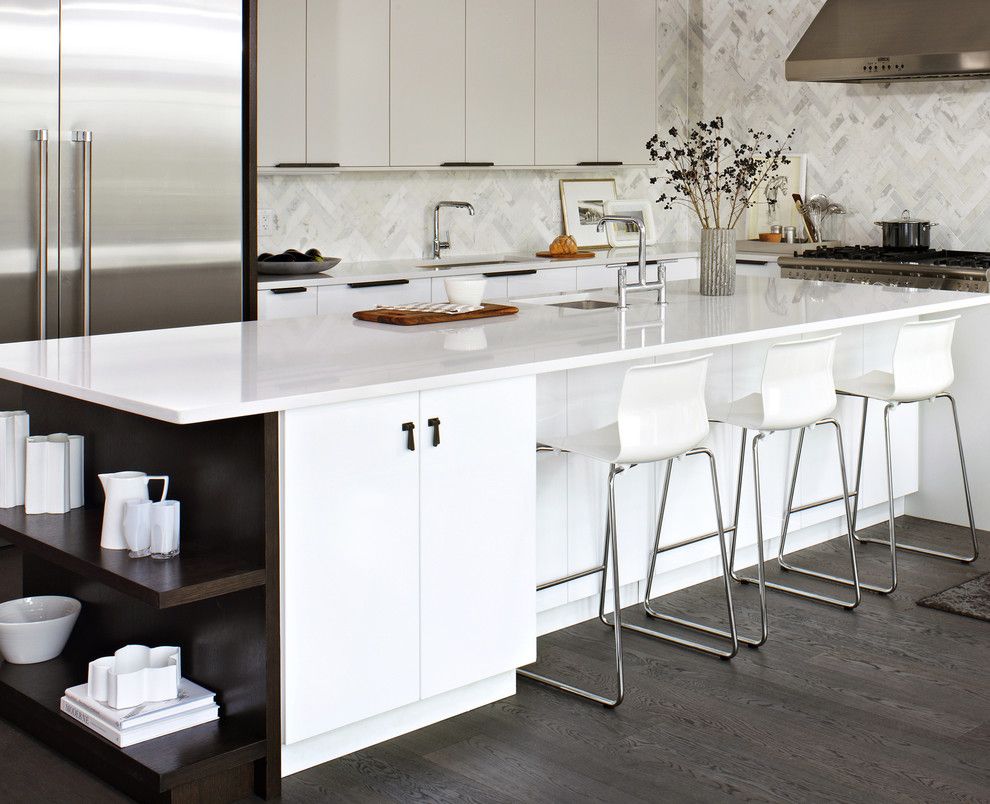 Ikea Besta Shelf for a Modern Kitchen with a Dark Floor and Elegant White Ikea Kitchen by Croma Express Kitchens