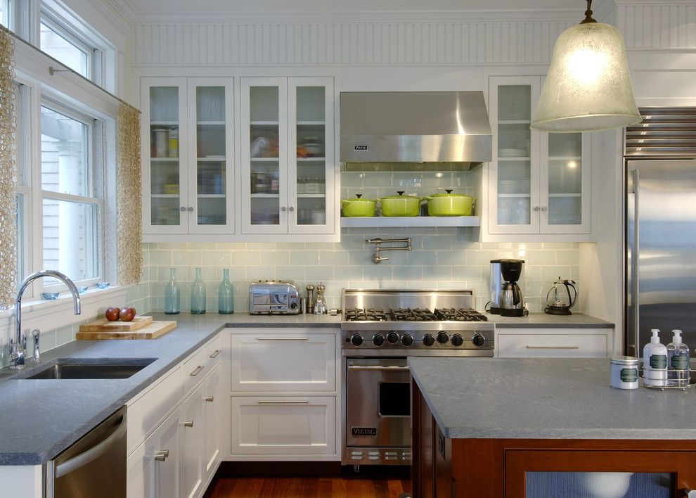 Ikea Besta Shelf for a Transitional Kitchen with a Double Window and Tidal Marsh by Siemasko + Verbridge