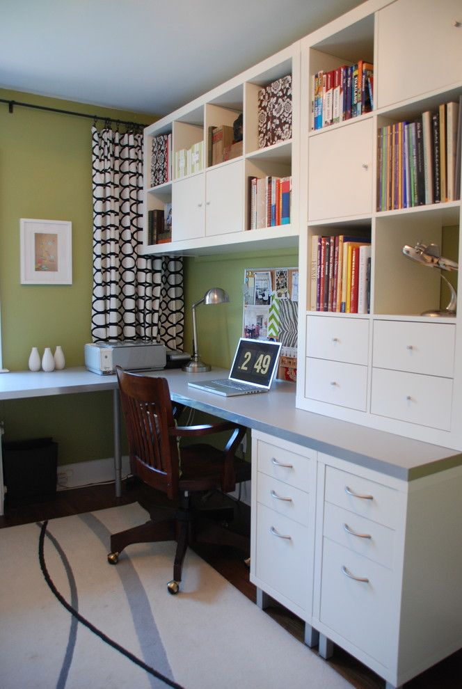 Ikea Desk Hack for a Contemporary Home Office with a Area Rug and Bright Green Office by Jennifer   Rambling Renovators