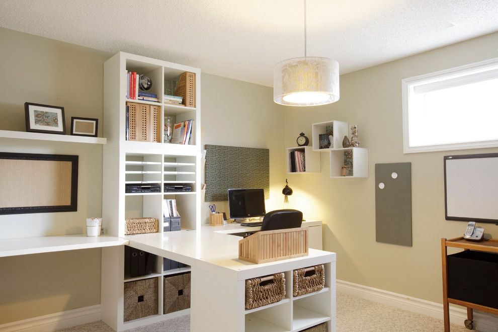 Ikea Desk Hack for a Traditional Home Office with a Wicker Basket and Home Office by Niche Redesign