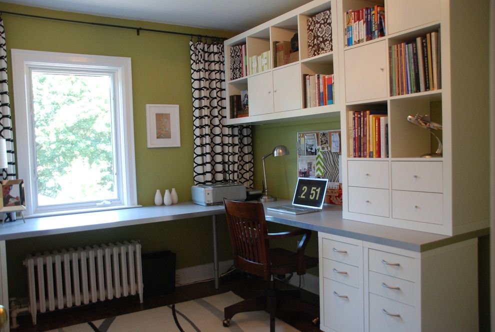 Ikea Desk Hack for a Transitional Home Office with a Bulletin Board and Bright Green Office by Jennifer   Rambling Renovators