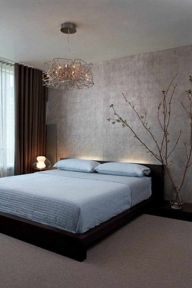 Ikea Kura Bed for a Contemporary Bedroom with a Beige Carpet and Modern High Rise by Mia Rao Design