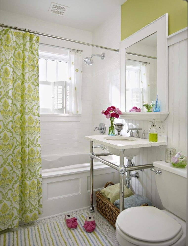 Ikea Panel Curtains for a Traditional Bathroom with a Striped Rug and Bath by Creative Viewpoints