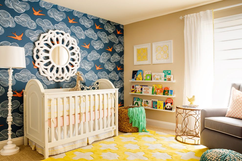 Ikea Poang for a Transitional Nursery with a Floating Shelves and Little Sparrow Nursery by J & J Design Group, Llc.