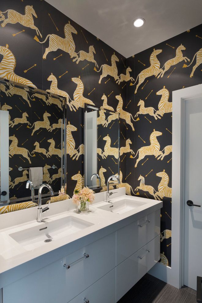 Ikea Quartz Countertops for a Contemporary Bathroom with a Zebra and Bold Zebra Bathroom by Ann Lowengart Interiors