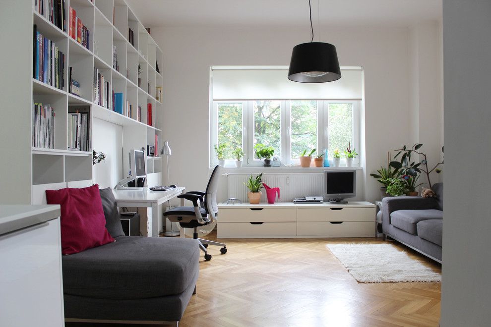 Ikea Stolmen for a Contemporary Home Office with a Sheer Window Treatment and My Houzz: Poupetova, Prague by Martin Hulala