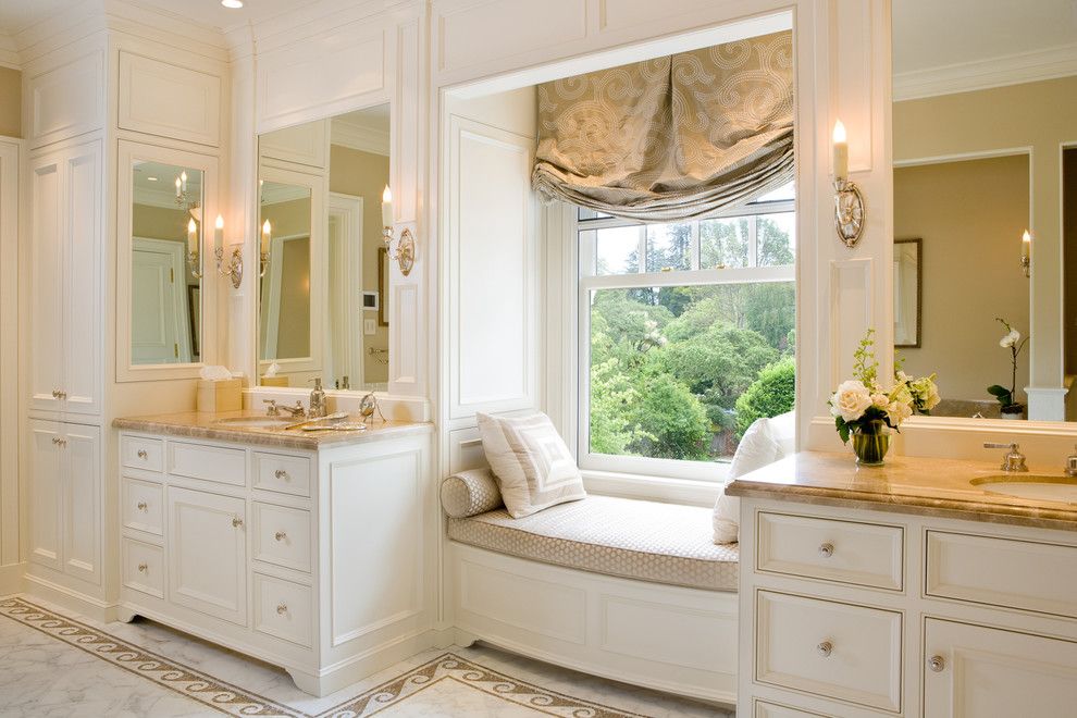 Inset Cabinets for a Traditional Bathroom with a Paneled Tub Enclosure and Hillsborough Georgian Restoration by Midland Cabinet Company