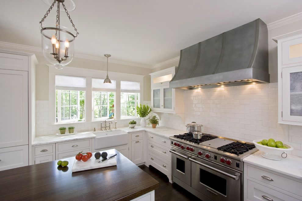 Inset Cabinets for a Traditional Kitchen with a Bell Pendant and White Kitchen with Custom Inset Rutt Cabinets and Zinc Hood by Clawson Architects, Llc