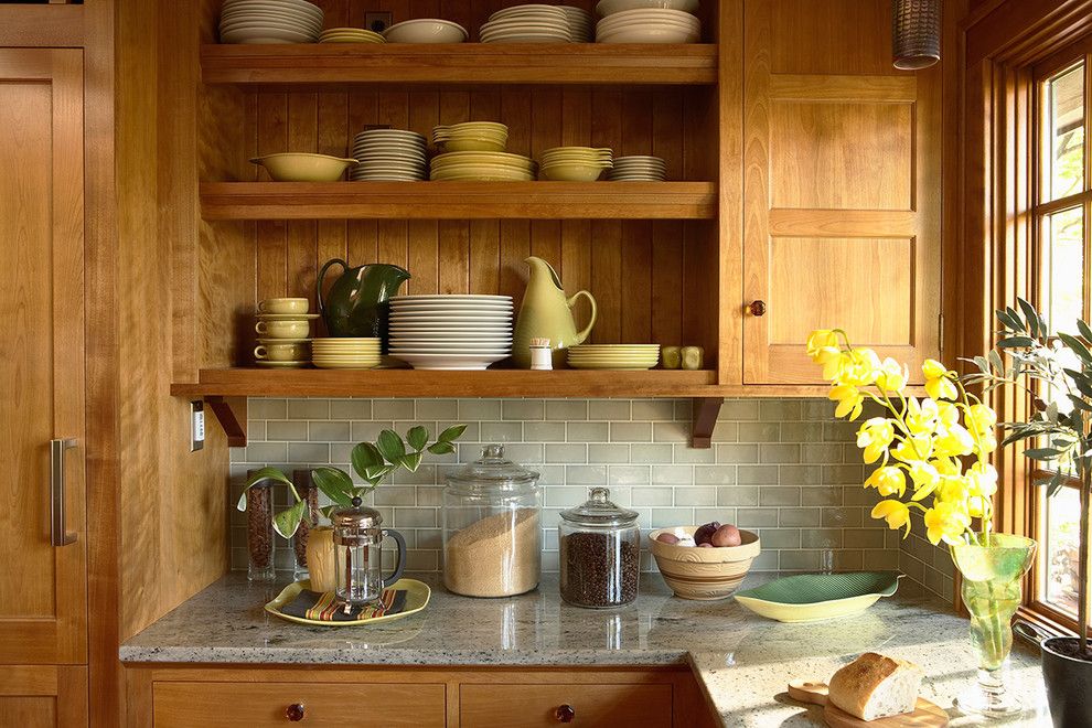 Installing Tile Backsplash for a Craftsman Kitchen with a Glass Canisters and Saint Paul Craftsman by David Heide Design Studio