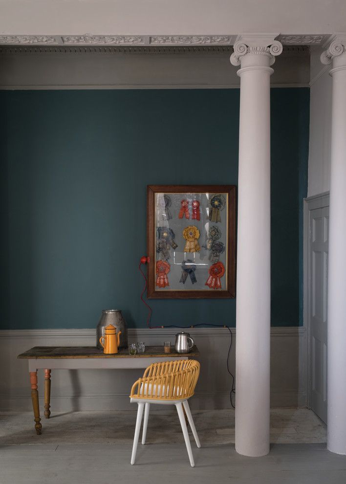 Ionic Columns for a Traditional Home Office with a Tea and an Office Painted in Inchrya Blue No.289 by Farrow & Ball by Farrow & Ball