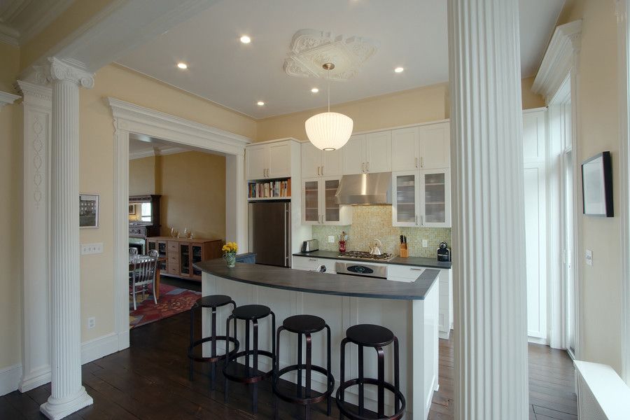 Ionic Columns for a Traditional Kitchen with a Pendant Lighting and Greenwood Heights Townhouse by Ben Herzog