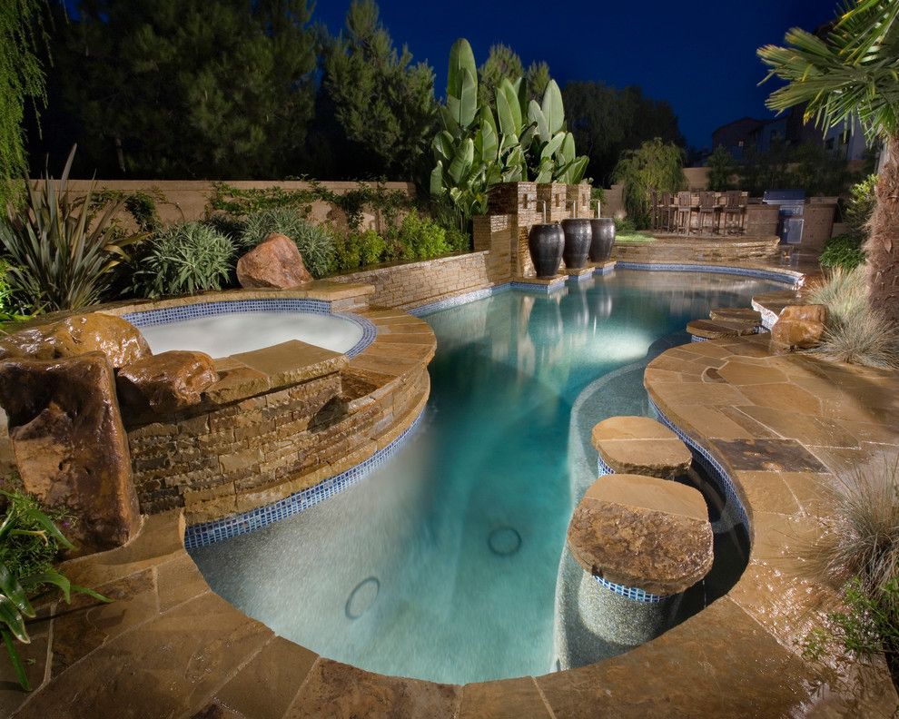 Islander Pools for a Mediterranean Pool with a Water Fountain and Orange County Projects by Alderete Pools & Solar