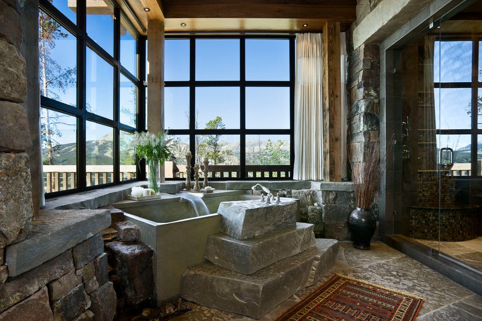 Jason Tubs for a Rustic Bathroom with a Frameless Glass Shower and Quartz Residence by Locati Architects